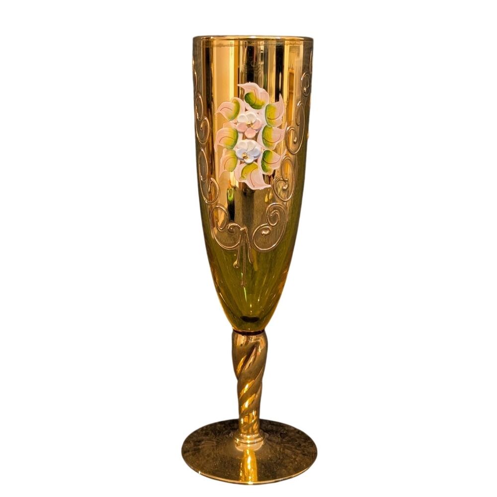 Vtg 50s Yellow Stemmed Flute Tre Fuochi Murano Italy Venetian Glass Heavy Gilt